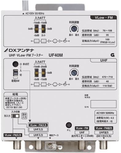 UHF・VLow・FMブースター 共同受信用 UHF利得40dB UF40M