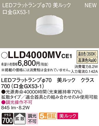 交換用LEDフラットランプ(φ70) (温白色) 美ルック・拡散タイプ LLD4000MVCE1 (045)