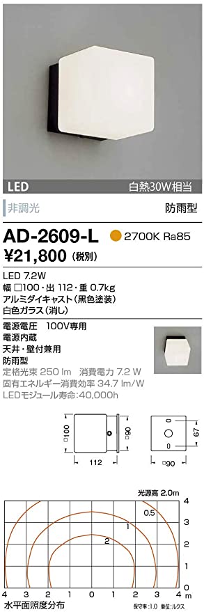 LED一体型ブラケットライト 白熱30W相当 電球色 定格光束250lm AD-2609-L