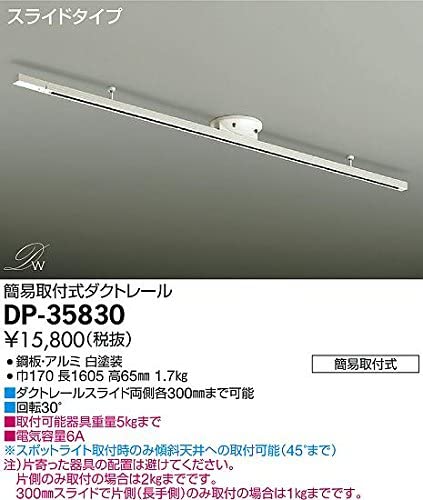 簡易取付式ダクトレール スライドタイプ 取付可能器具重量5kgまで 電気容量6A DP-35830